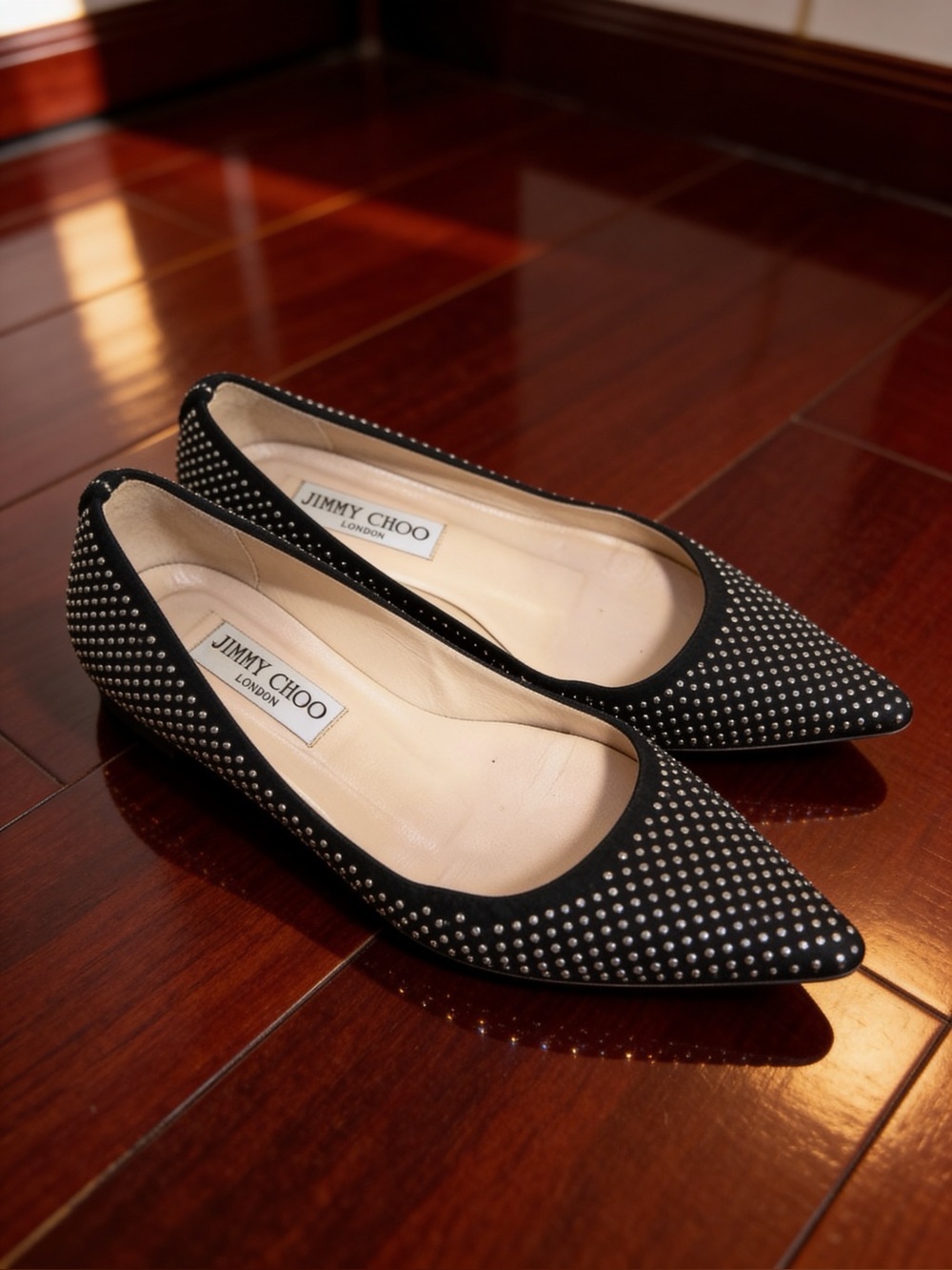 Jimmy Choo Women's Black Studded Pointed Toe Flats Size 5.5